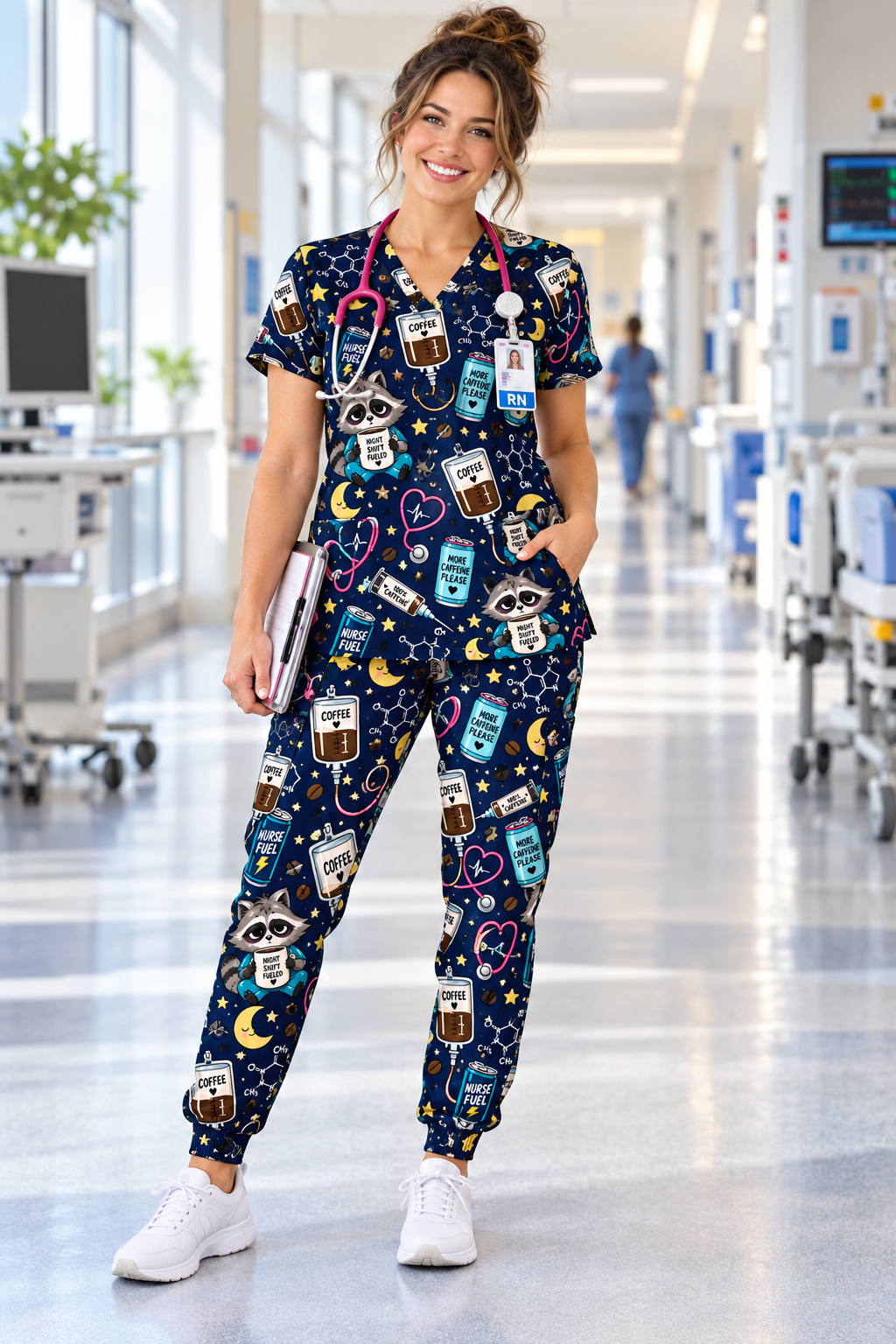 Night Shift Caffeine IV Survival Nurse Pattern Scrub Set, Scrub Pants and V Neck Top - On Model Lookbook