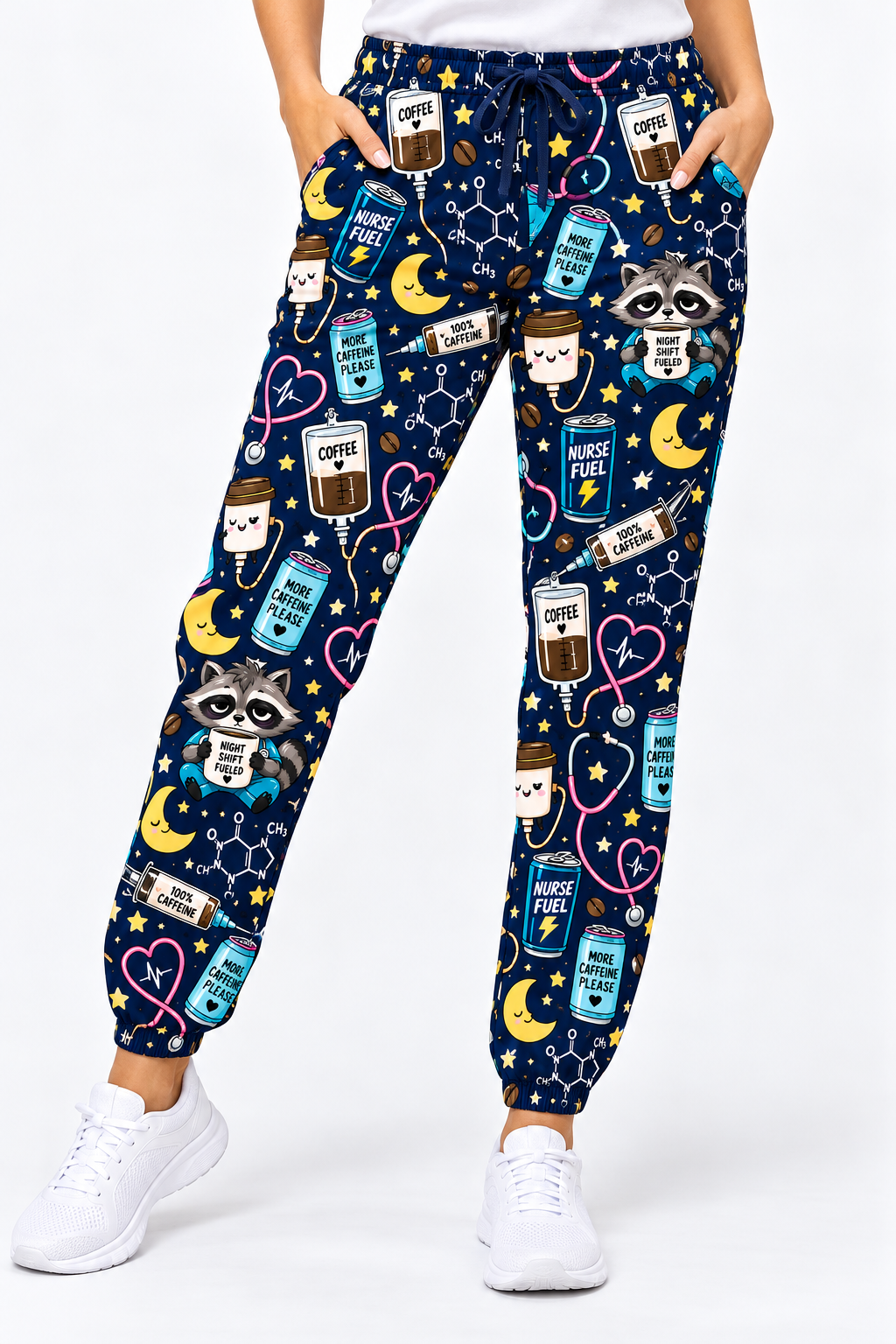 Night Shift Caffeine IV Survival Nurse Pattern Scrub Set, Scrub Pants and V Neck Top - Scrub Pants Only