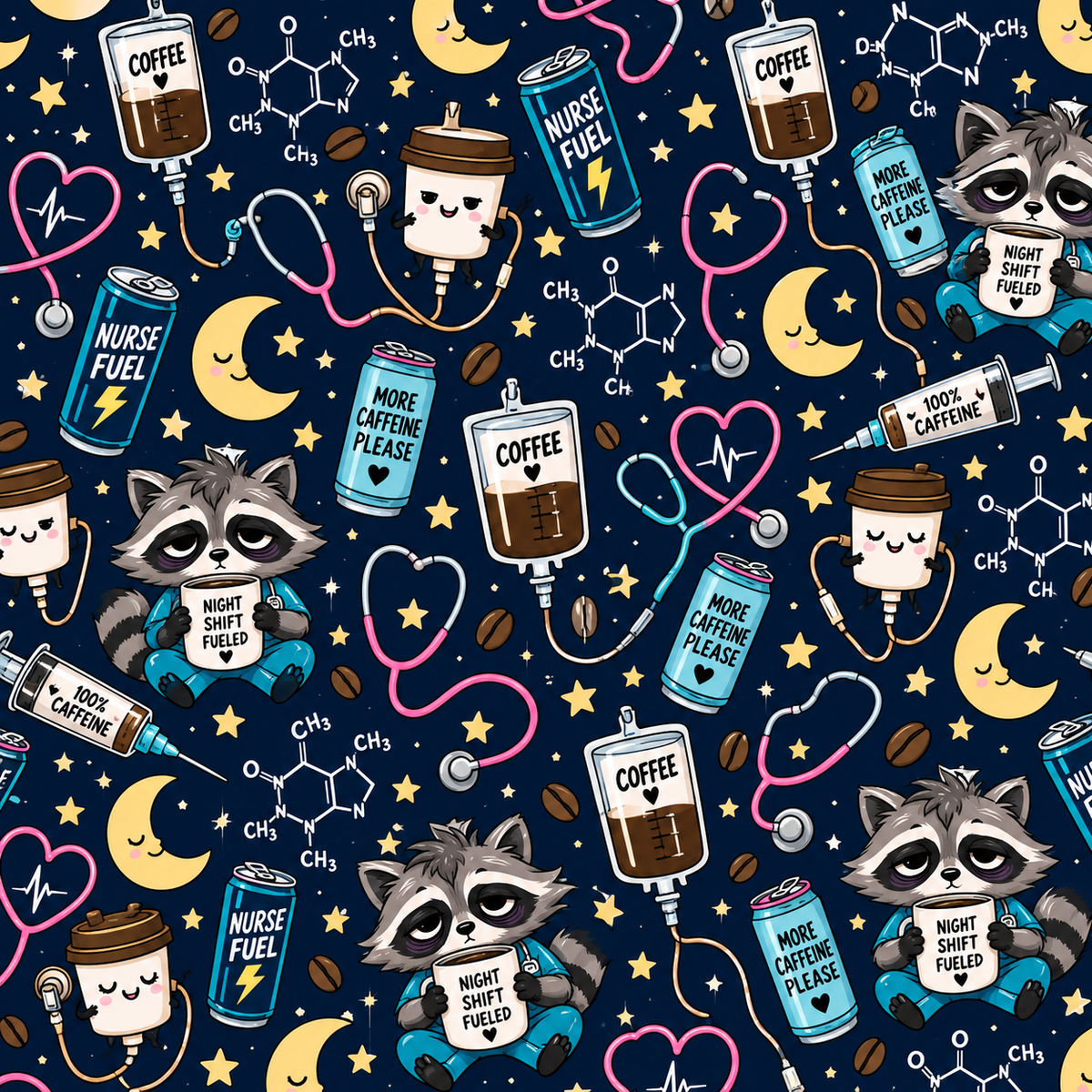 Night Shift Caffeine IV Survival Nurse Pattern Scrub Set, Scrub Pants and V Neck Top - Fabric Pattern