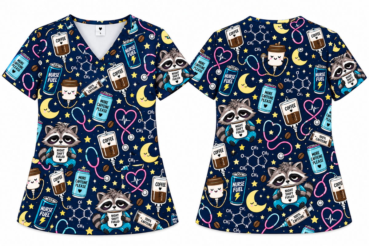 Night Shift Caffeine IV Survival Nurse Pattern Scrub Set, Scrub Pants and V Neck Top - Scrub Top Only