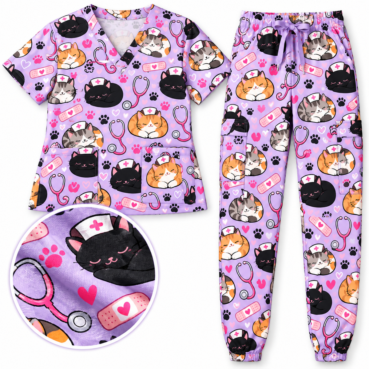 Pastel Lavender Cat Loaf Nurse Pattern Scrub Set, Scrub Pants and V Neck Top - Main Set