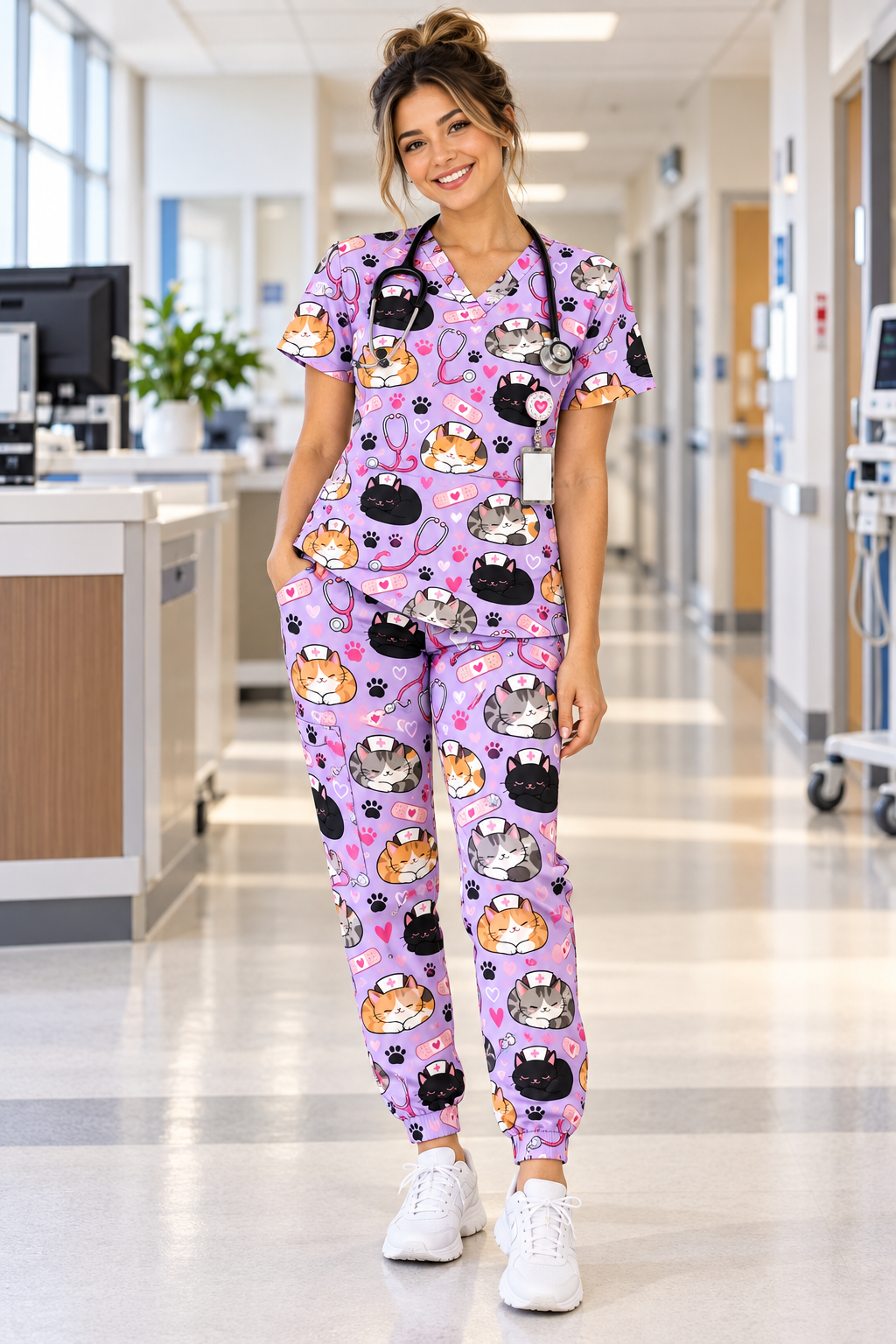 Pastel Lavender Cat Loaf Nurse Pattern Scrub Set, Scrub Pants and V Neck Top - Main Set
