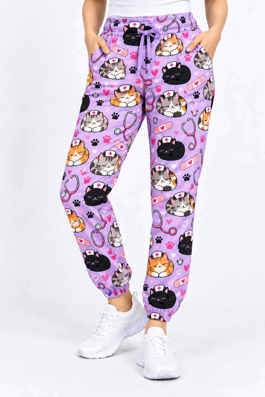 Pastel Lavender Cat Loaf Nurse Pattern Scrub Set, Scrub Pants and V Neck Top - Scrub Pants Only