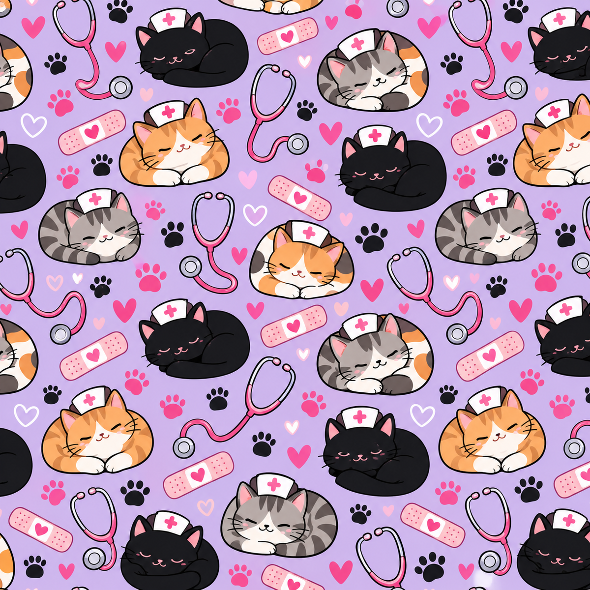 Pastel Lavender Cat Loaf Nurse Pattern Scrub Set, Scrub Pants and V Neck Top - Fabric Pattern