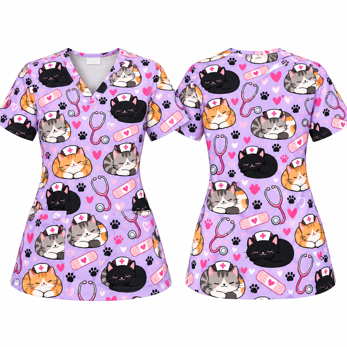 Pastel Lavender Cat Loaf Nurse Pattern Scrub Set, Scrub Pants and V Neck Top - Scrub Top Only