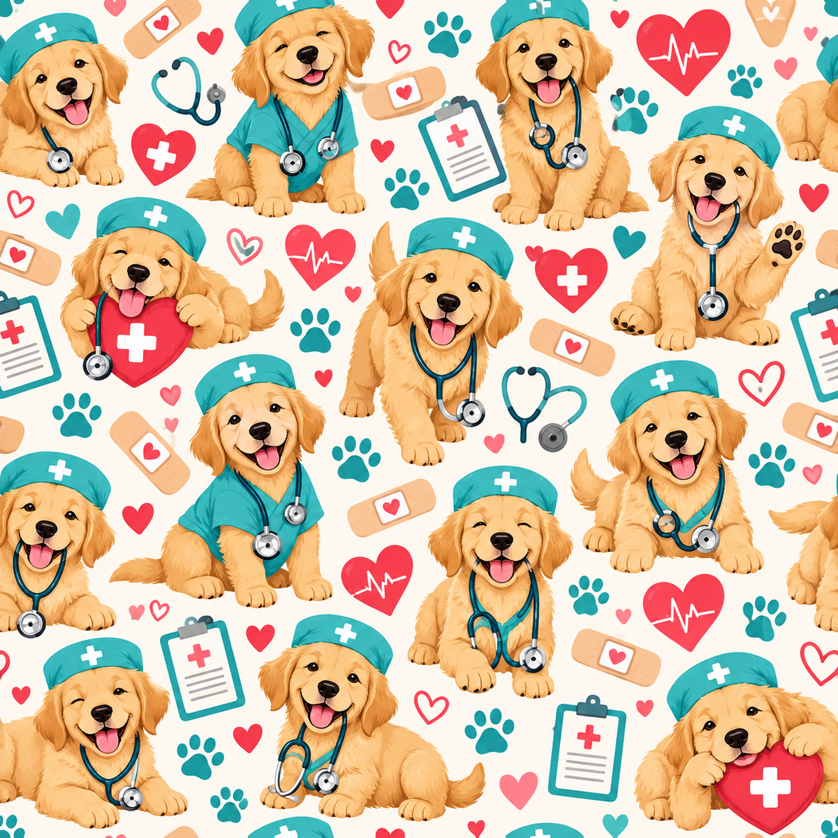 Cute Golden Retriever Nurse Pattern Scrub Set, Scrub Pants and V Neck Top