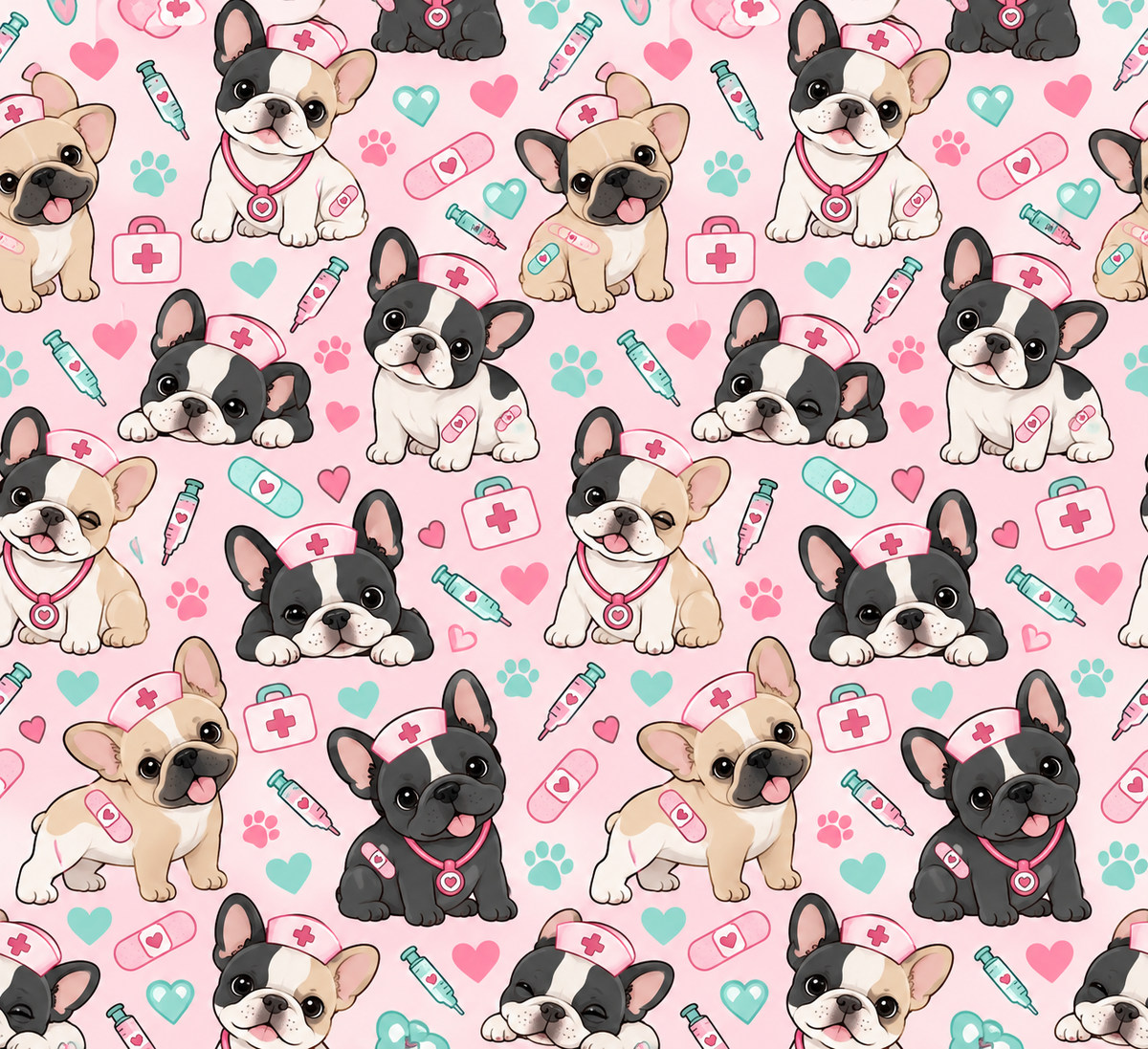 Cute French Bulldog Nurse Pattern Scrub Set, Scrub Pants and V Neck Top