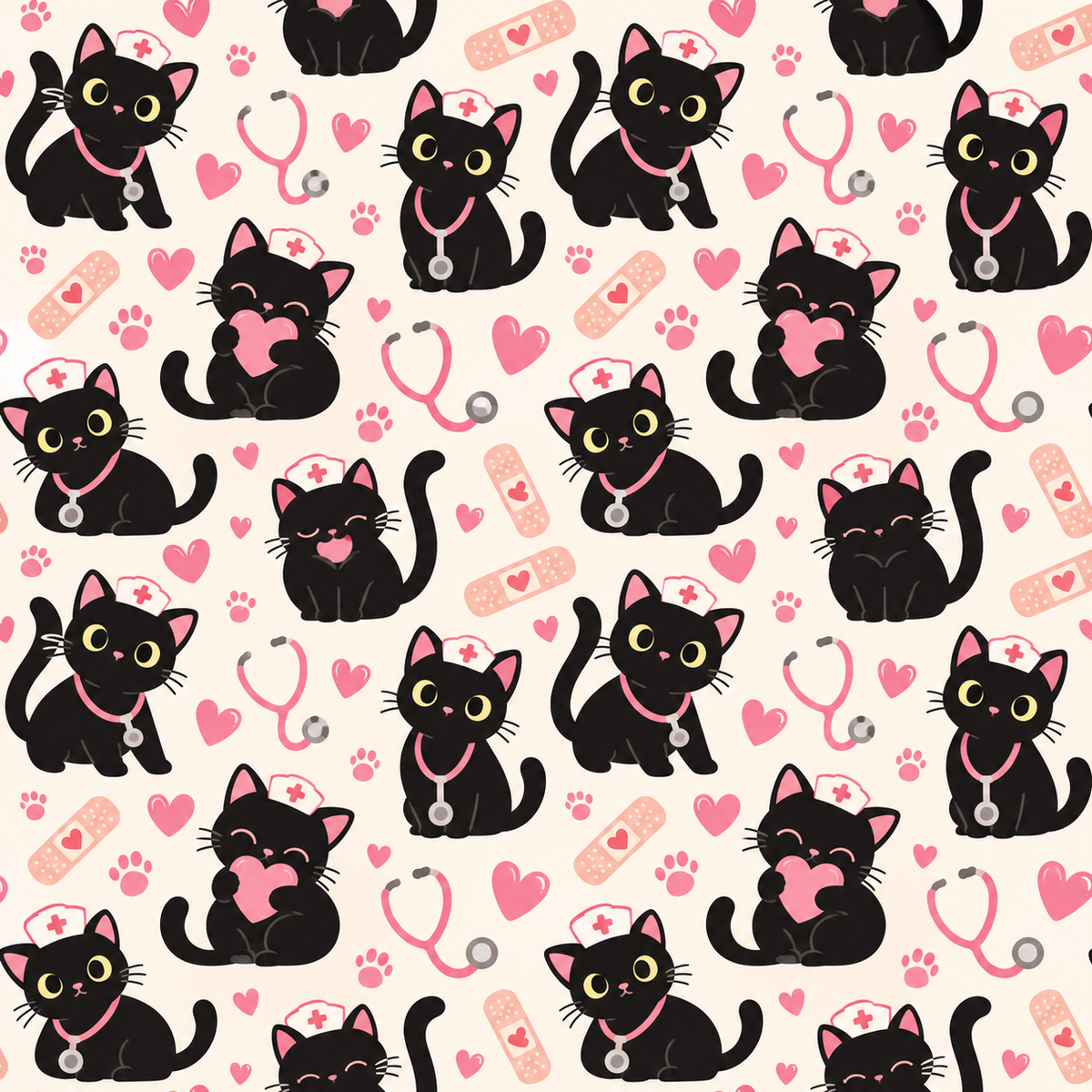 Cute Void Black Cat Nurse Pattern Scrub Set, Scrub Pants and V Neck Top
