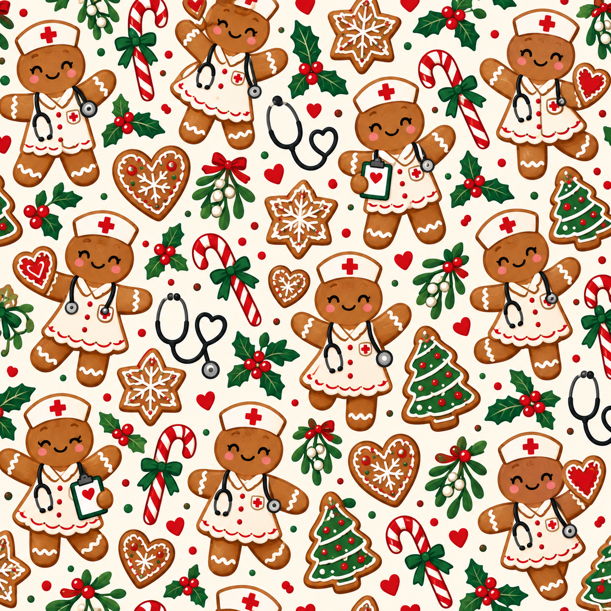 Gingerbread Nurse Holiday Cookie Pattern Scrub Set, Scrub Pants and V Neck Top