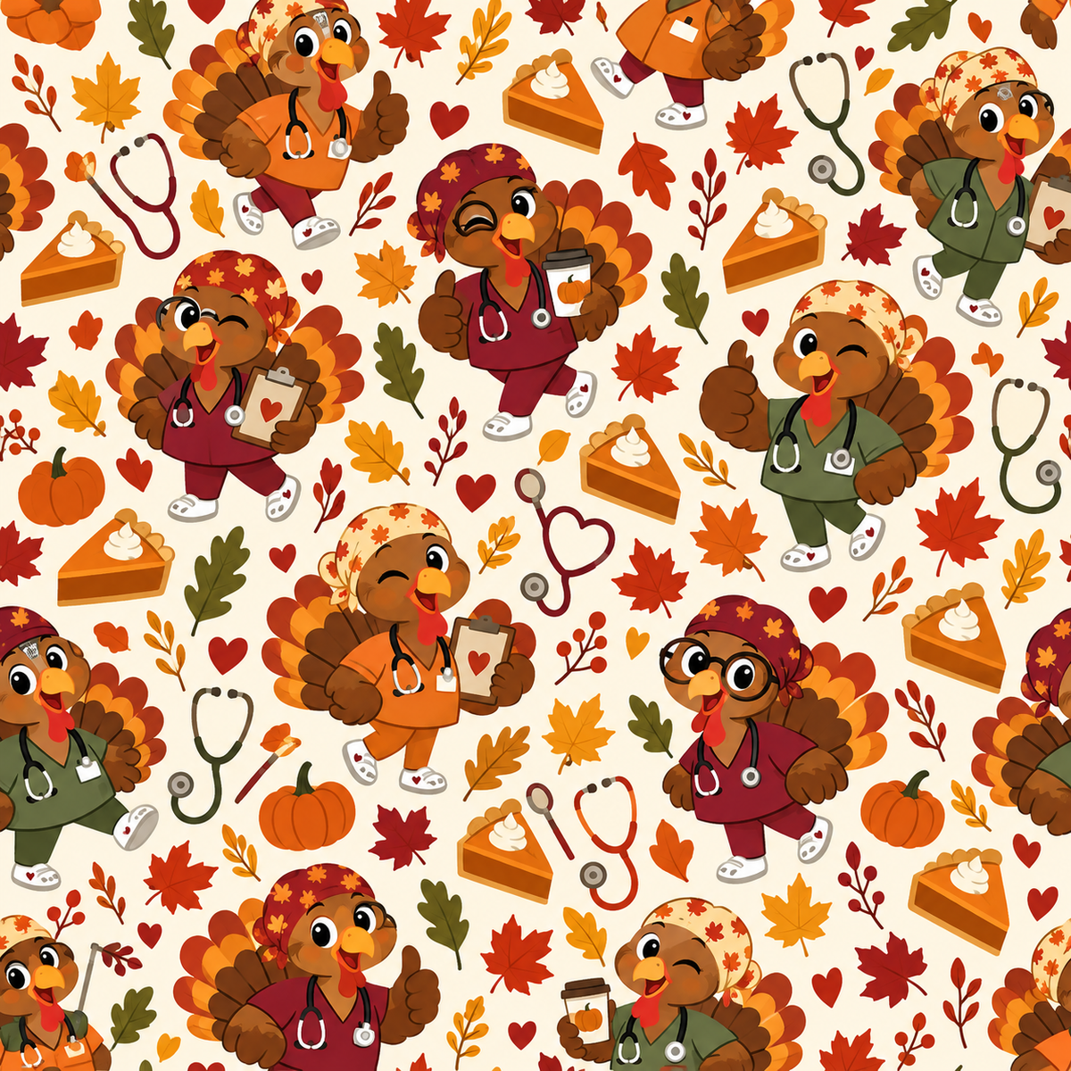 Thanksgiving Turkey Autumn Nurse Pattern Scrub Set, Scrub Pants and V Neck Top