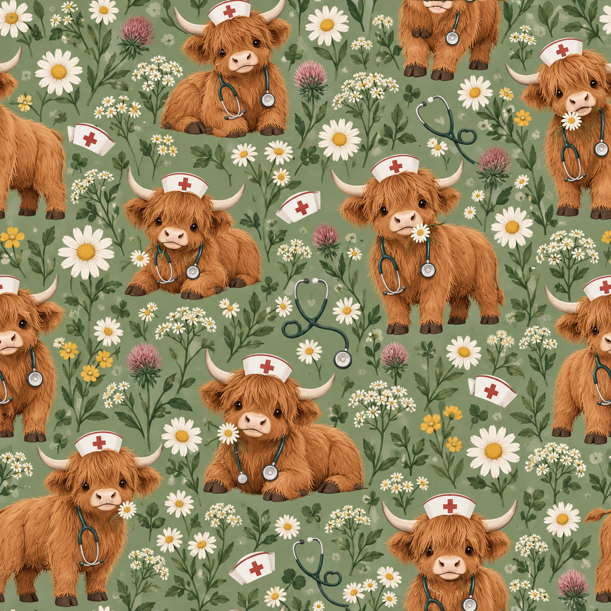 Rustic Scottish Highland Cow Daisy Nurse Pattern Scrub Set, Scrub Pants and V Neck Top