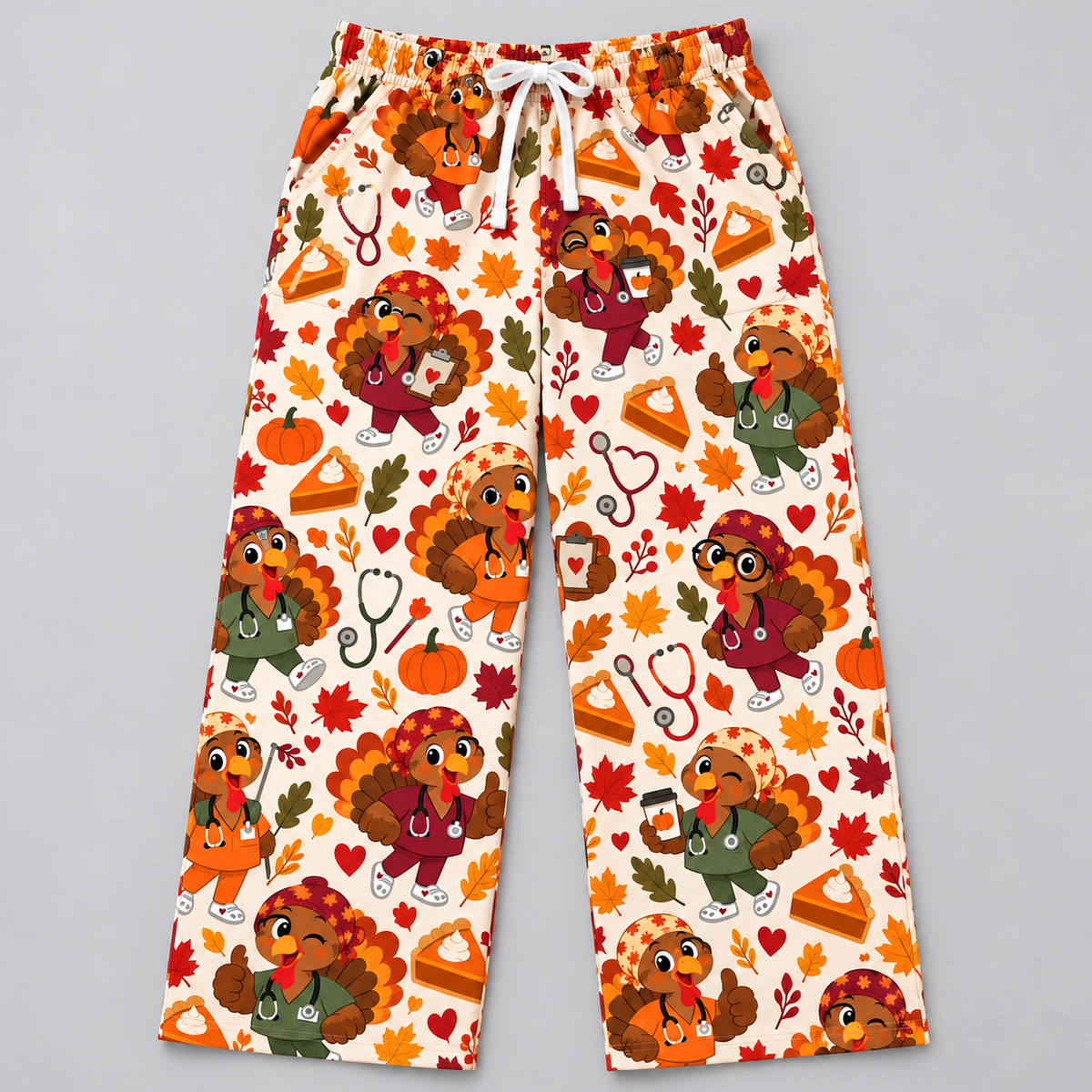 Thanksgiving Turkey Autumn Nurse Pattern Scrub Set, Scrub Pants and V Neck Top - Scrub Pants Only (Straight Leg with White Drawstring)