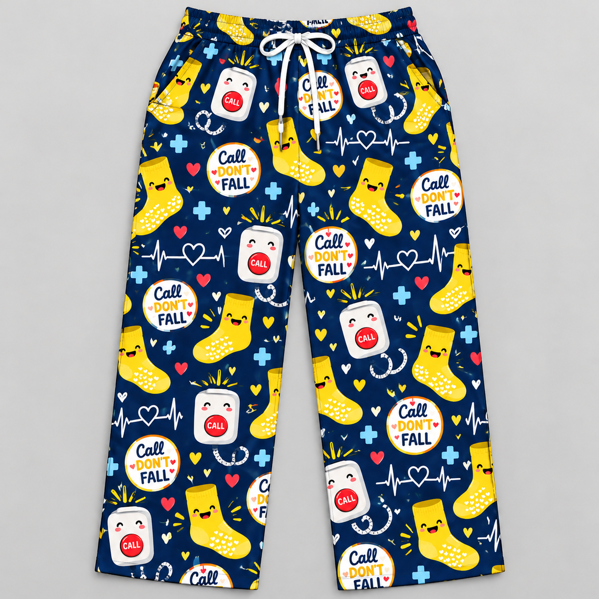 Call Don't Fall Risk Alert Hospital Humor Pattern Scrub Set, Scrub Pants and V Neck Top - Scrub Pants Only (Straight Leg with White Drawstring)