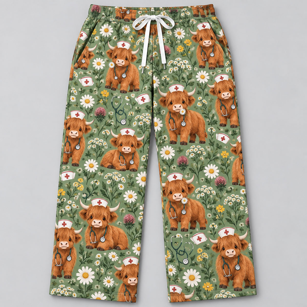Rustic Scottish Highland Cow Daisy Nurse Pattern Scrub Set, Scrub Pants and V Neck Top - Scrub Pants Only (Straight Leg with White Drawstring)