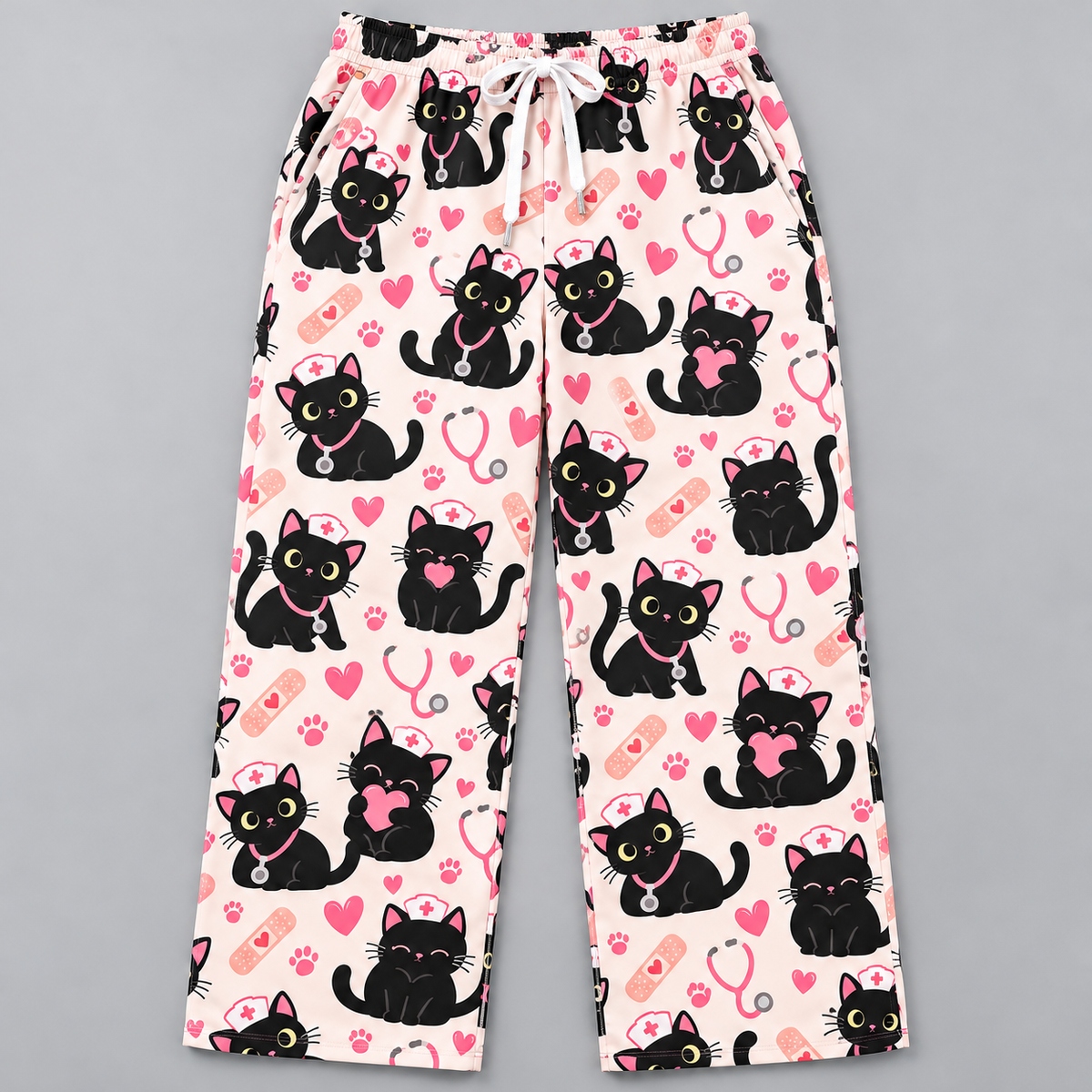 Cute Void Black Cat Nurse Pattern Scrub Set, Scrub Pants and V Neck Top - Scrub Pants Only (Straight Leg with White Drawstring)