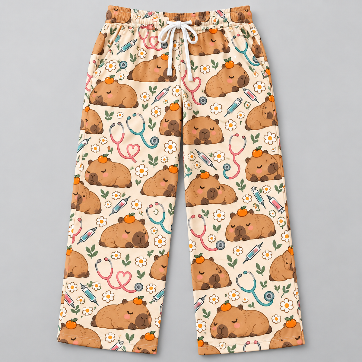 Zen Capybara Spa Nurse Pattern Scrub Set, Scrub Pants and V Neck Top - Scrub Pants Only (Straight Leg with White Drawstring)