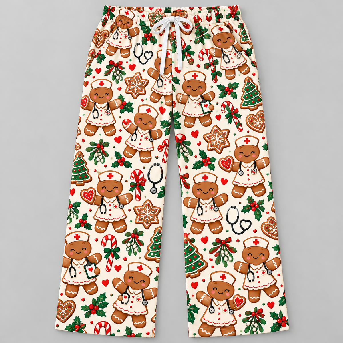 Gingerbread Nurse Holiday Cookie Pattern Scrub Set, Scrub Pants and V Neck Top - Scrub Pants Only (Straight Leg with White Drawstring)