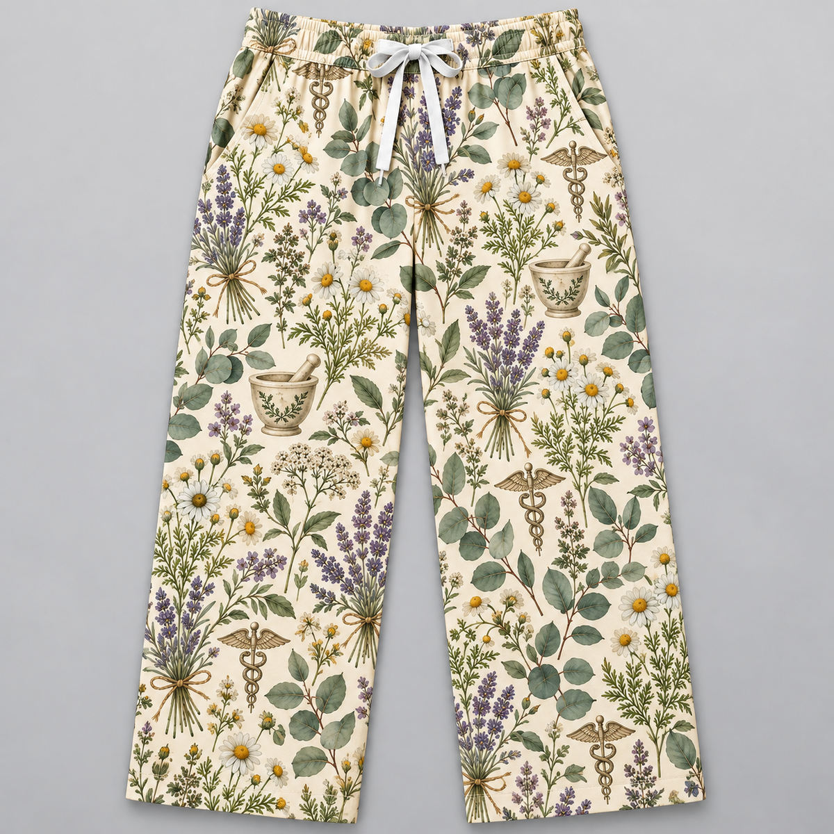 Vintage Botanical Wildflower Healing Pattern Scrub Set, Scrub Pants and V Neck Top - Scrub Pants Only (Straight Leg with White Drawstring)
