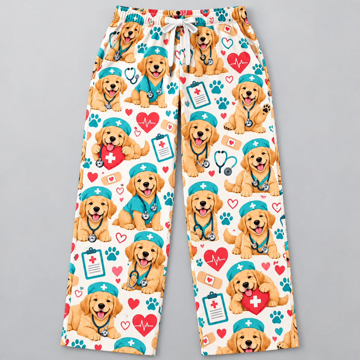 Cute Golden Retriever Nurse Pattern Scrub Set, Scrub Pants and V Neck Top - Scrub Pants Only (Straight Leg with White Drawstring)