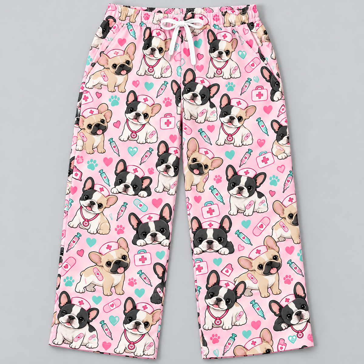 Cute French Bulldog Nurse Pattern Scrub Set, Scrub Pants and V Neck Top - Scrub Pants Only (Straight Leg with White Drawstring)