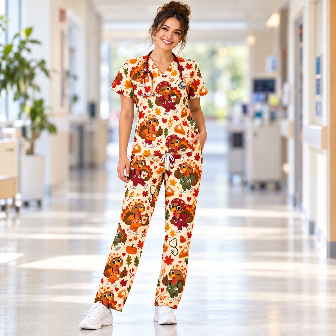 Thanksgiving Turkey Autumn Nurse Pattern Scrub Set, Scrub Pants and V Neck Top - Matching Scrub Set (V-Neck Top & Straight Leg Pants)