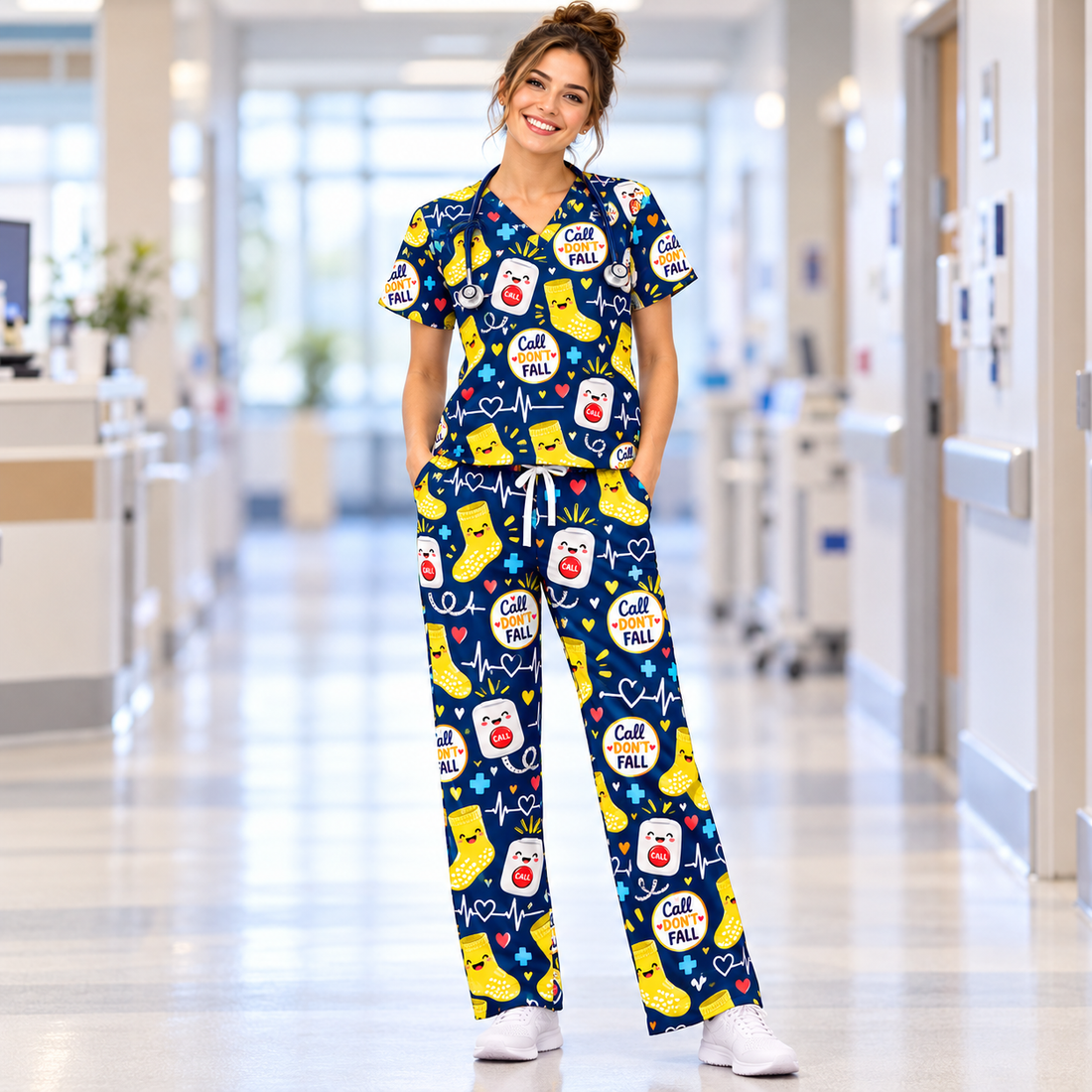 Call Don't Fall Risk Alert Hospital Humor Pattern Scrub Set, Scrub Pants and V Neck Top - Matching Scrub Set (V-Neck Top & Straight Leg Pants)