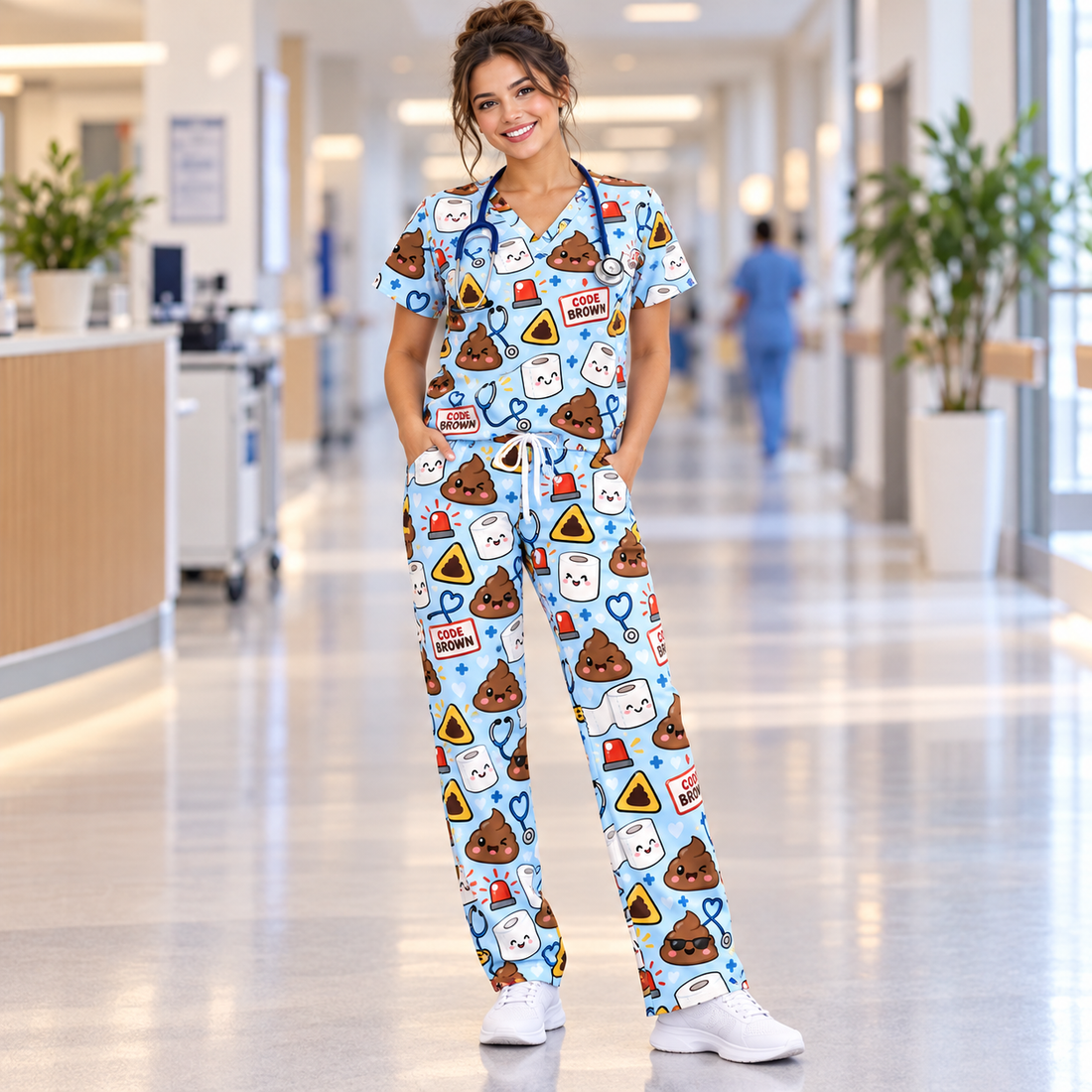 Hospital Emergency Alert Humor Pattern Scrub Set, Scrub Pants and V Neck Top - Matching Scrub Set (V-Neck Top & Straight Leg Pants)