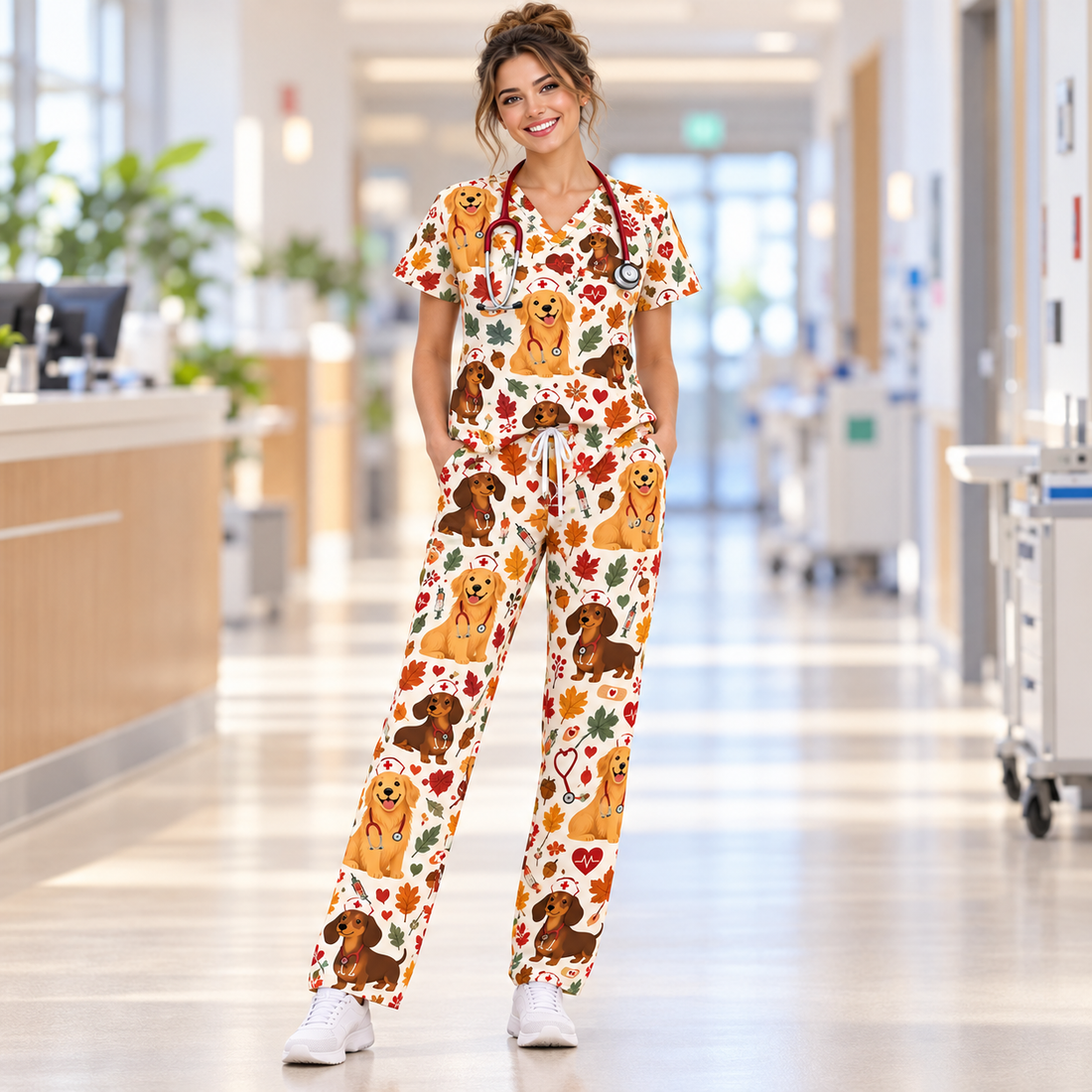 Cute Autumn Dogs Nurse Pattern Scrub Set, Scrub Pants and V Neck Top - Matching Scrub Set (V-Neck Top & Straight Leg Pants)