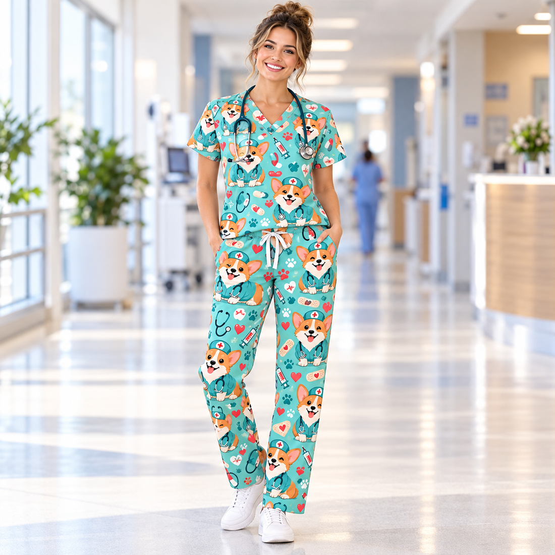 Cute Corgi Nurse Pattern Scrub Set, Scrub Pants and V Neck Top - Matching Scrub Set (V-Neck Top & Straight Leg Pants)
