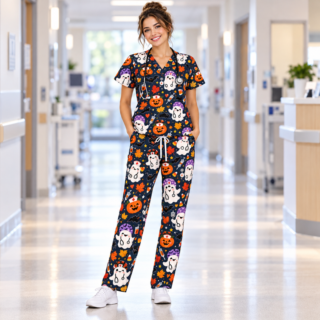 Spooky Ghost Halloween Nurse Pattern Scrub Set, Scrub Pants and V Neck Top - Matching Scrub Set (V-Neck Top & Straight Leg Pants)