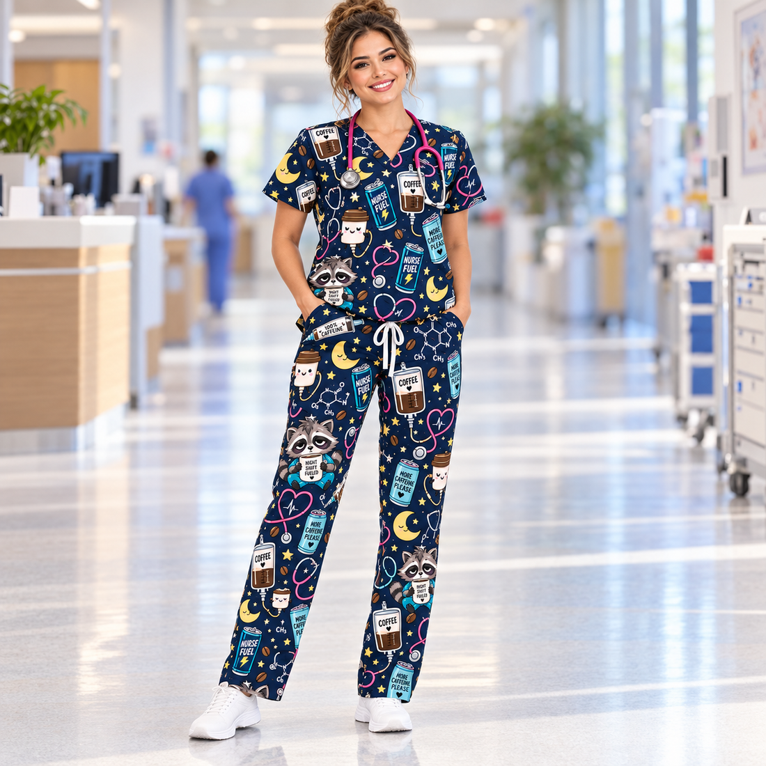 Night Shift Caffeine IV Survival Nurse Pattern Scrub Set, Scrub Pants and V Neck Top - Matching Scrub Set (V-Neck Top & Straight Leg Pants)