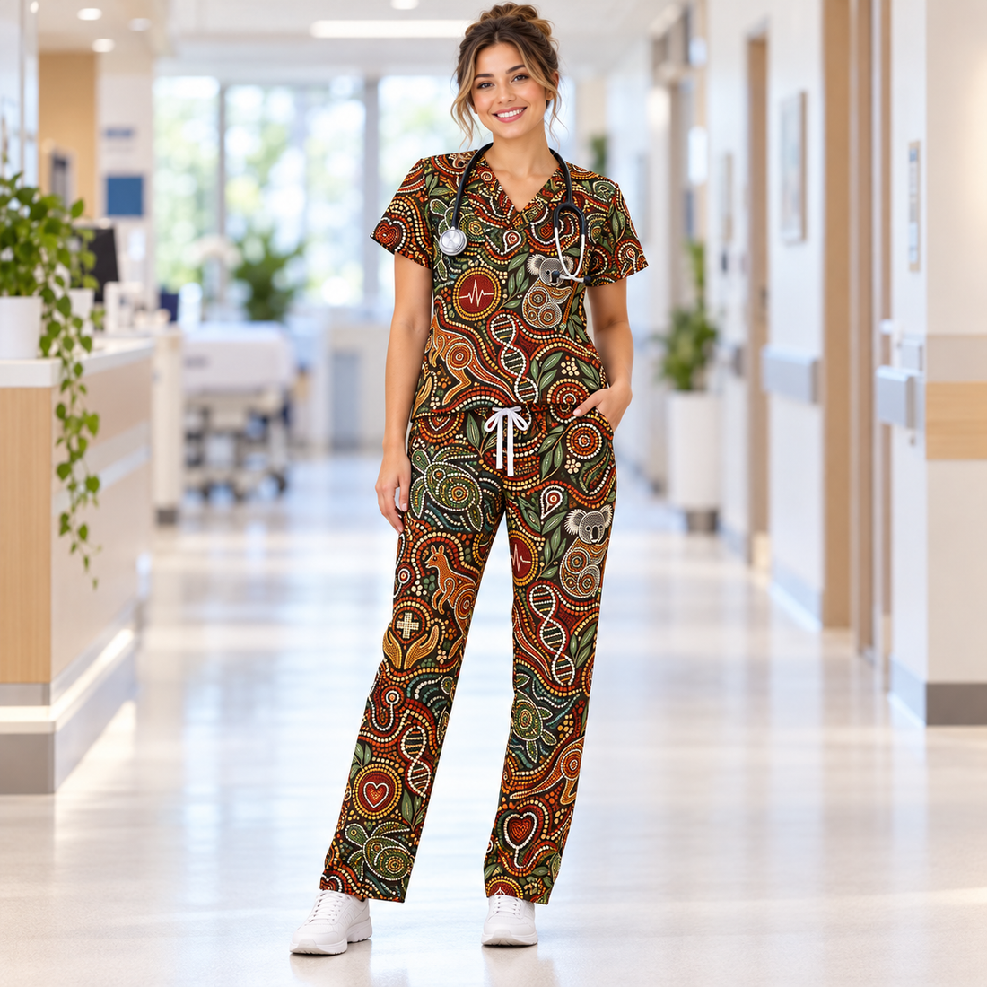 Aboriginal Indigenous Dot Art Healthcare Healing Scrub Set, Scrub Pants and V Neck Top - Matching Scrub Set (V-Neck Top & Straight Leg Pants)