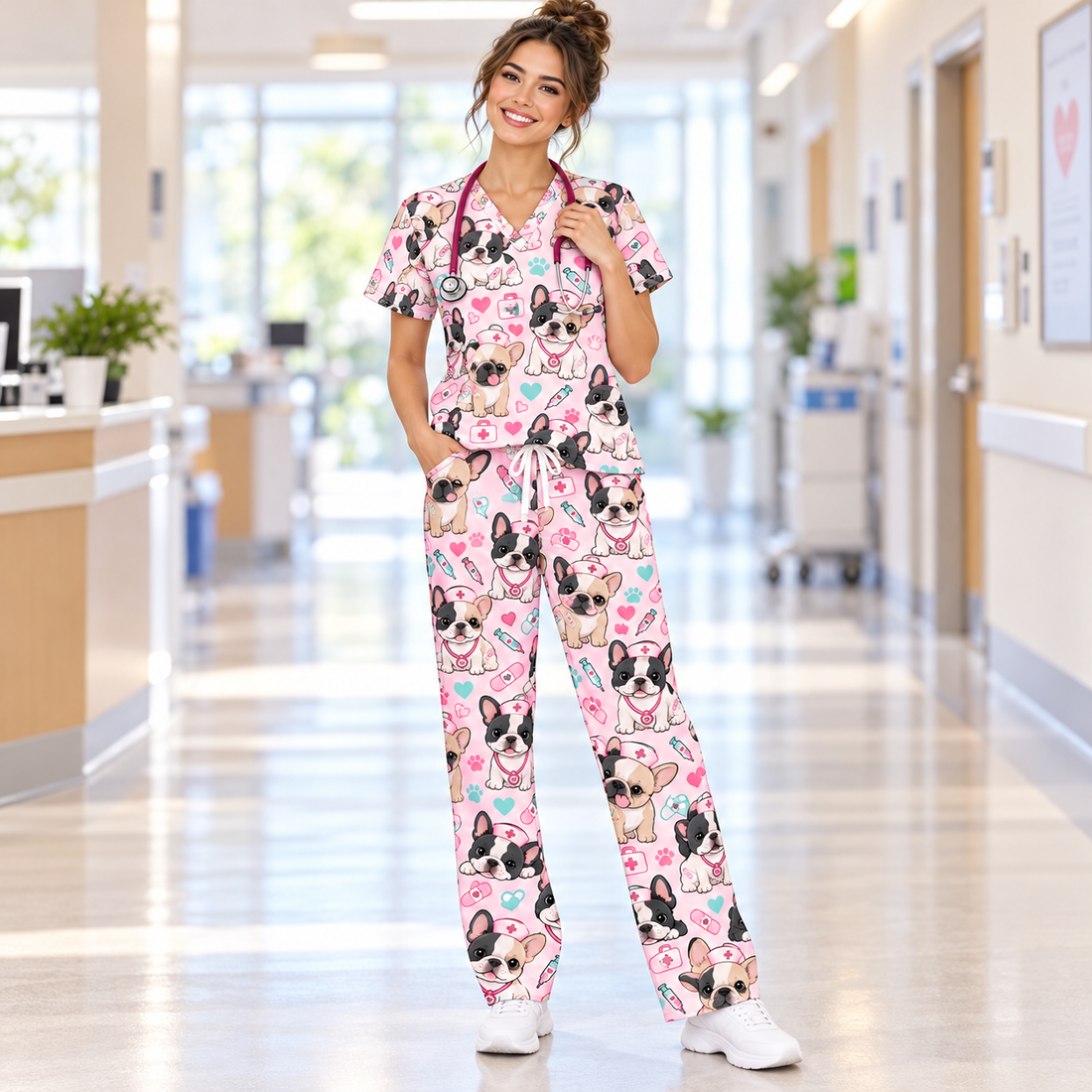 Cute French Bulldog Nurse Pattern Scrub Set, Scrub Pants and V Neck Top - Matching Scrub Set (V-Neck Top & Straight Leg Pants)