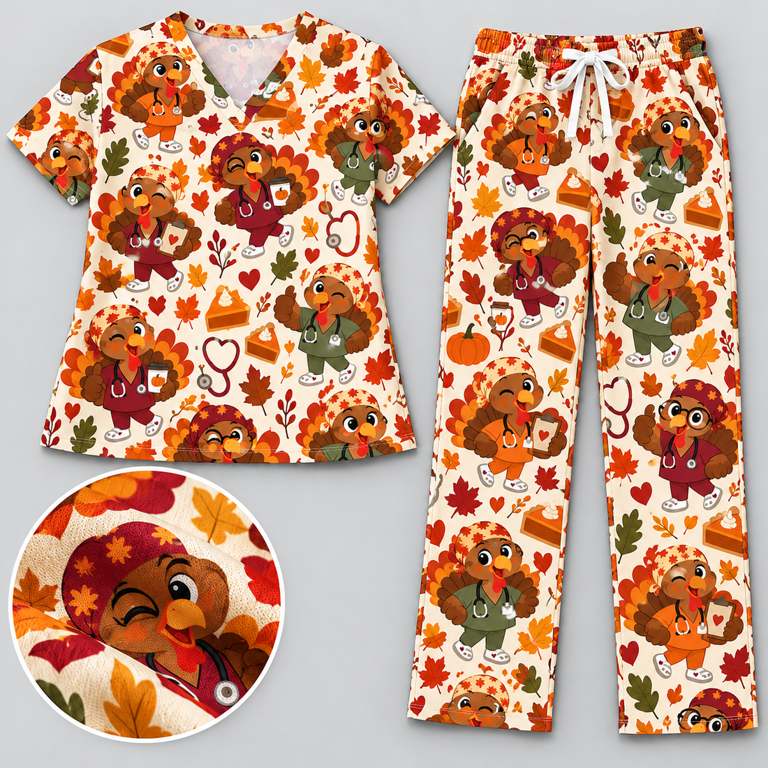 Thanksgiving Turkey Autumn Nurse Pattern Scrub Set, Scrub Pants and V Neck Top - Matching Scrub Set (V-Neck Top & Straight Leg Pants)