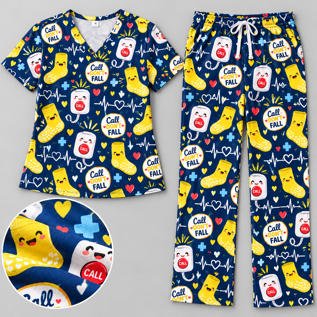 Call Don't Fall Risk Alert Hospital Humor Pattern Scrub Set, Scrub Pants and V Neck Top - Matching Scrub Set (V-Neck Top & Straight Leg Pants)