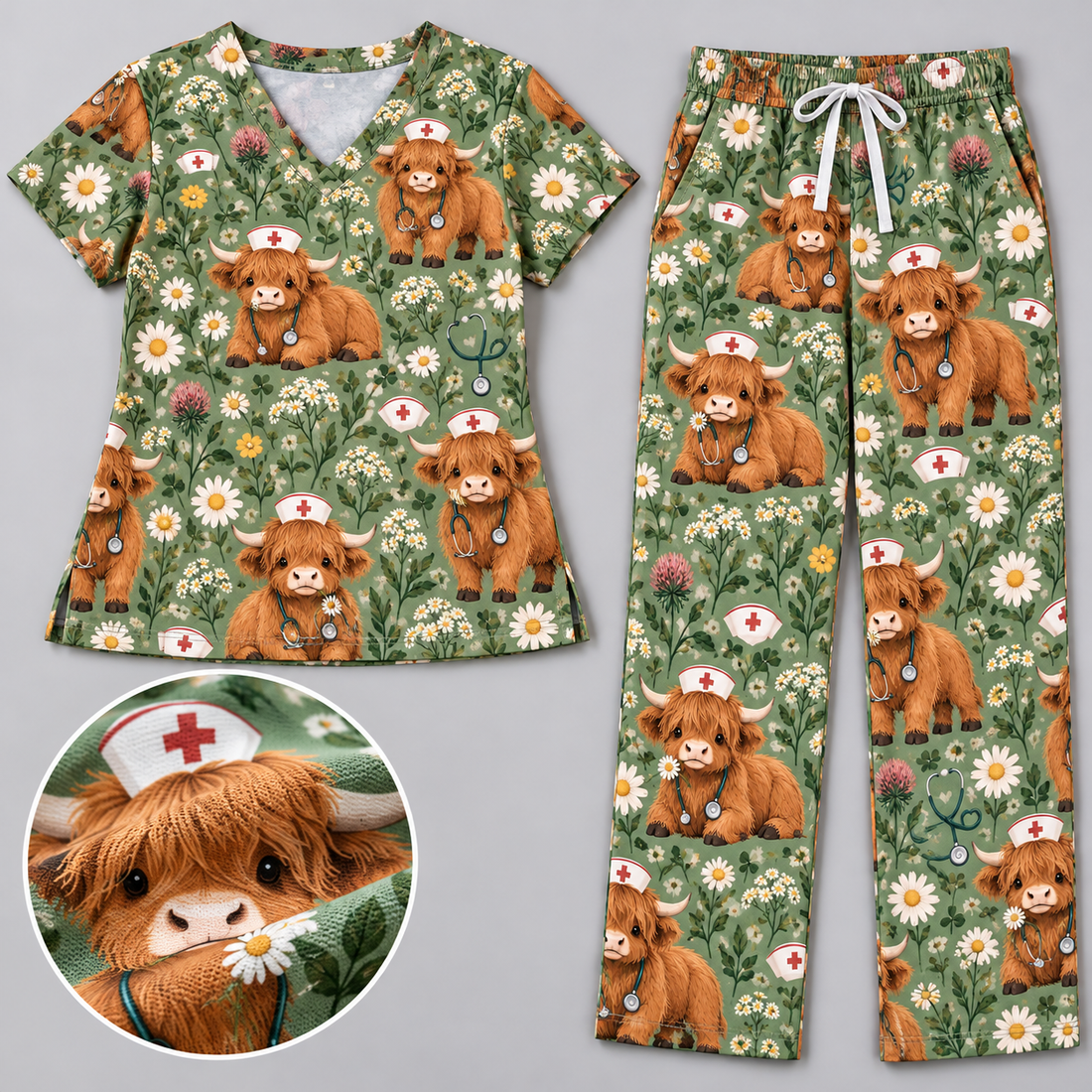Rustic Scottish Highland Cow Daisy Nurse Pattern Scrub Set, Scrub Pants and V Neck Top - Matching Scrub Set (V-Neck Top & Straight Leg Pants)