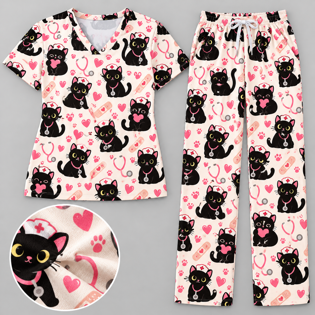 Cute Void Black Cat Nurse Pattern Scrub Set, Scrub Pants and V Neck Top - Matching Scrub Set (V-Neck Top & Straight Leg Pants)