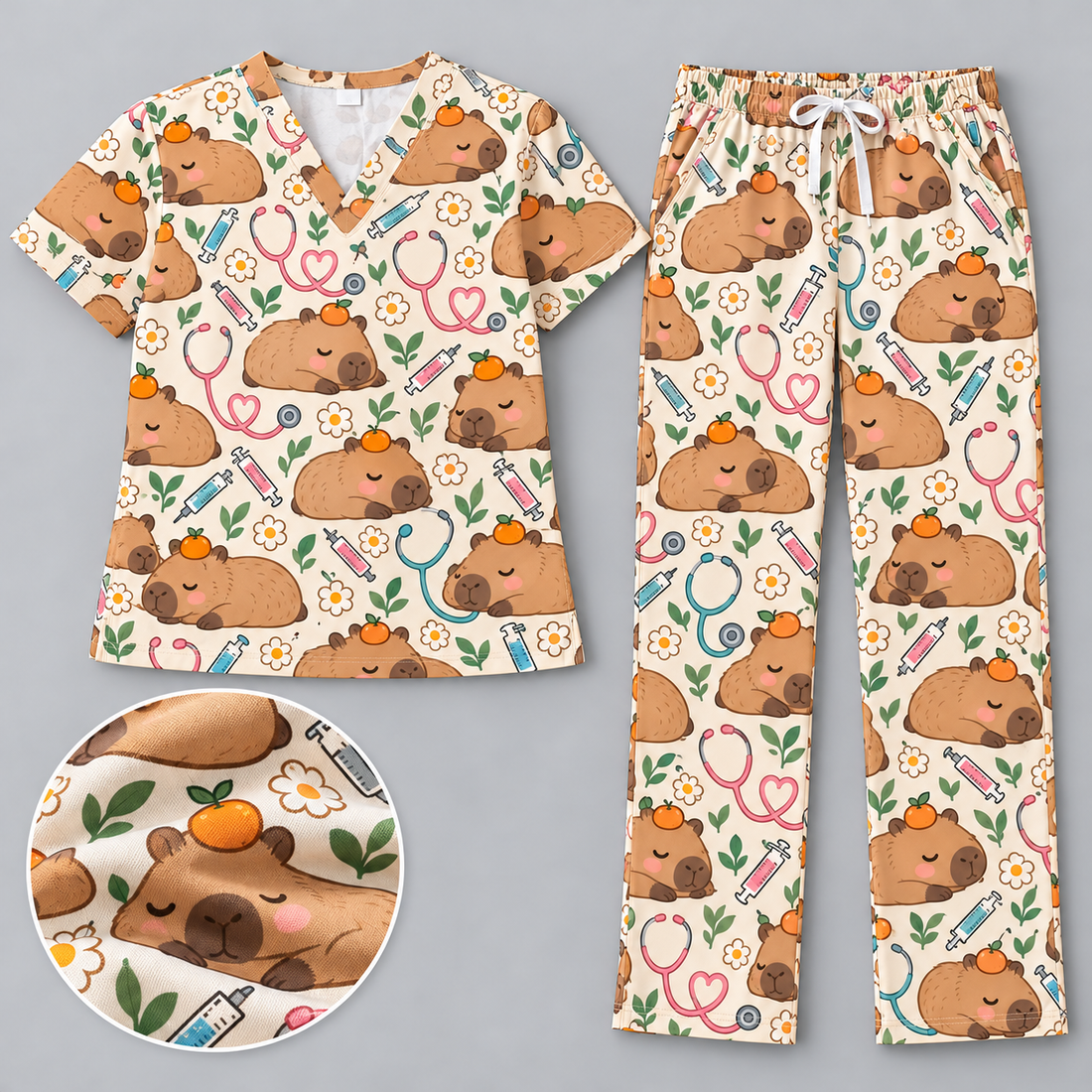 Zen Capybara Spa Nurse Pattern Scrub Set, Scrub Pants and V Neck Top - Matching Scrub Set (V-Neck Top & Straight Leg Pants)