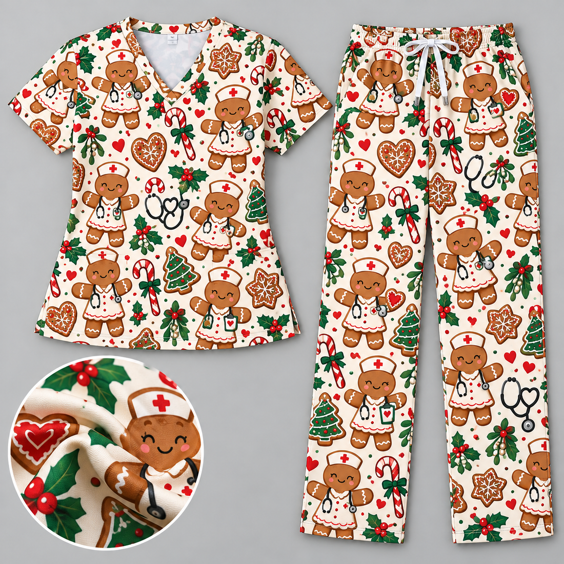 Gingerbread Nurse Holiday Cookie Pattern Scrub Set, Scrub Pants and V Neck Top - Matching Scrub Set (V-Neck Top & Straight Leg Pants)