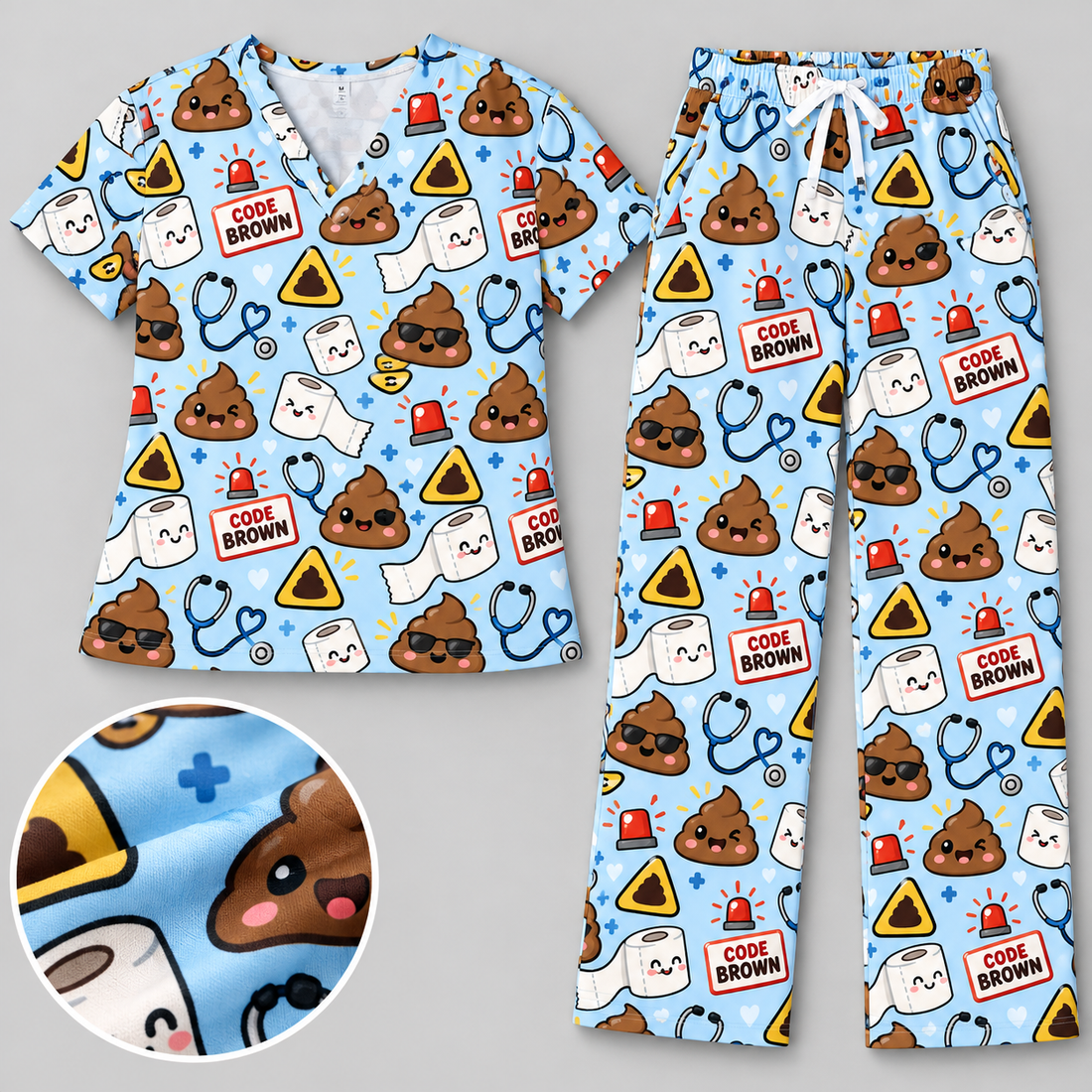 Hospital Emergency Alert Humor Pattern Scrub Set, Scrub Pants and V Neck Top - Matching Scrub Set (V-Neck Top & Straight Leg Pants)
