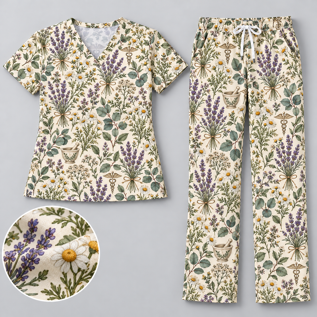 Vintage Botanical Wildflower Healing Pattern Scrub Set, Scrub Pants and V Neck Top - Matching Scrub Set (V-Neck Top & Straight Leg Pants)