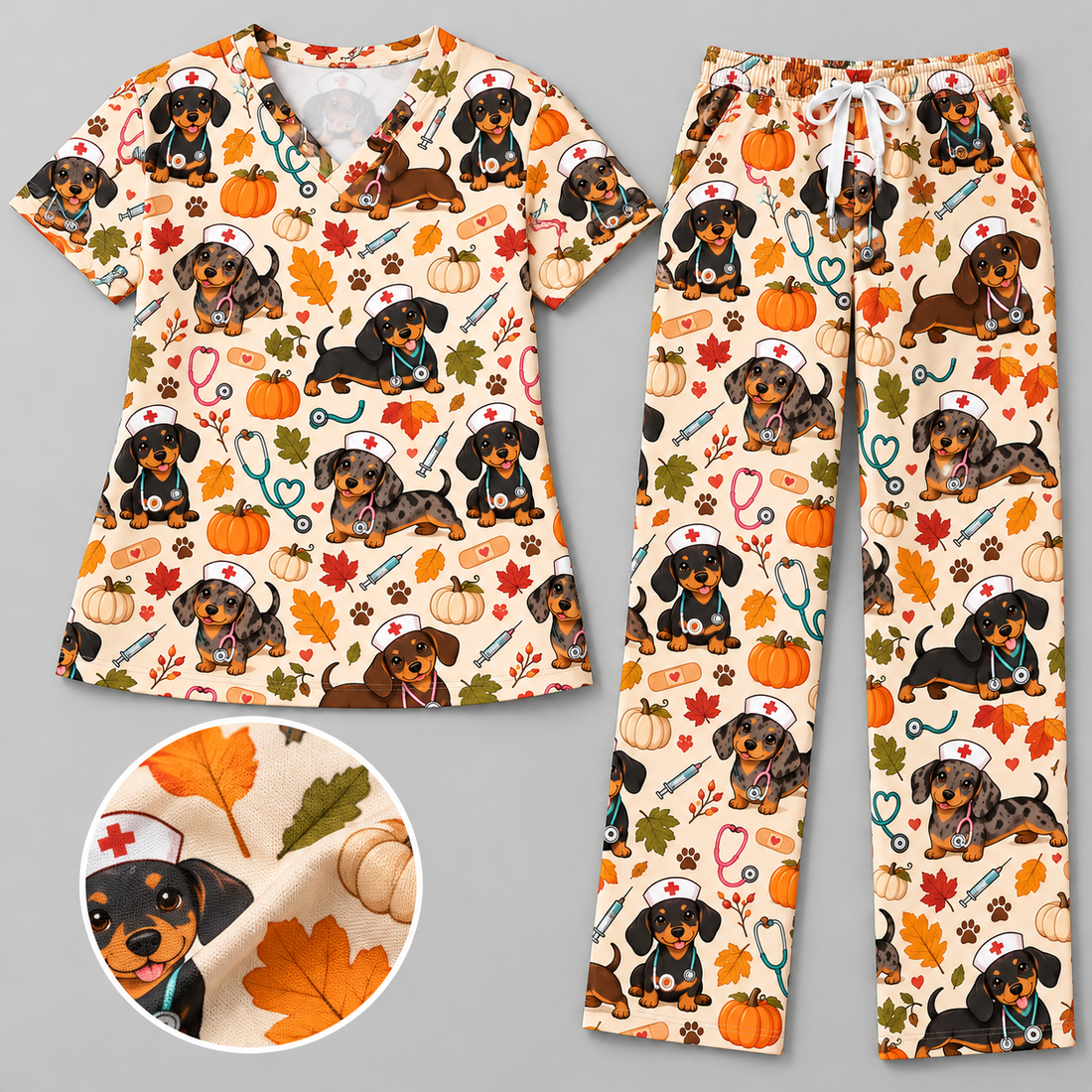 Cute Autumn Dachshund Nurse Pattern Scrub Set, Scrub Pants and V Neck Top - Matching Scrub Set (V-Neck Top & Straight Leg Pants)