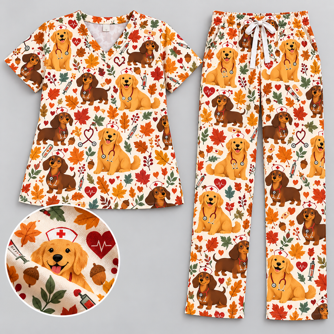 Cute Autumn Dogs Nurse Pattern Scrub Set, Scrub Pants and V Neck Top - Matching Scrub Set (V-Neck Top & Straight Leg Pants)