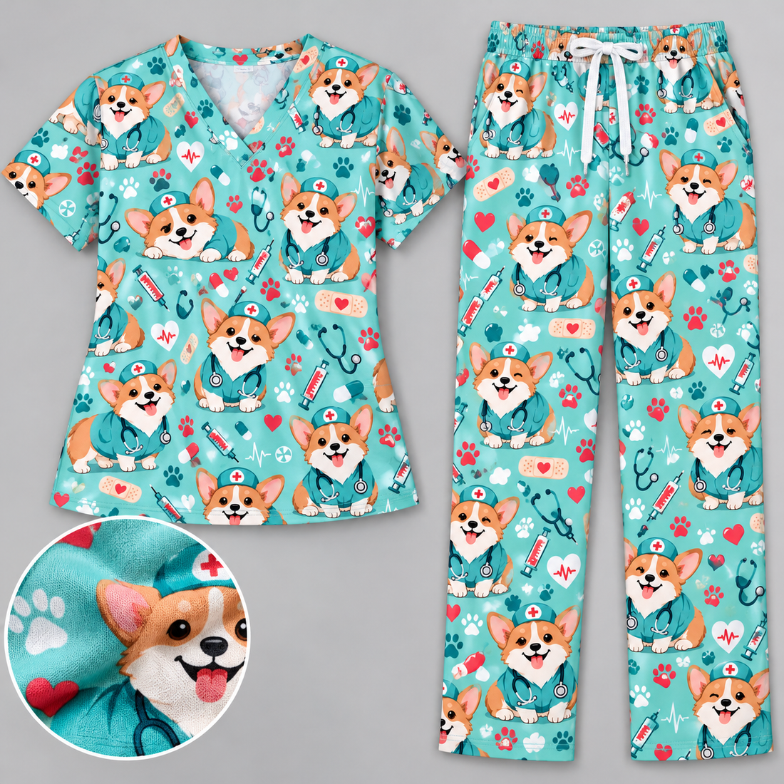 Cute Corgi Nurse Pattern Scrub Set, Scrub Pants and V Neck Top - Matching Scrub Set (V-Neck Top & Straight Leg Pants)