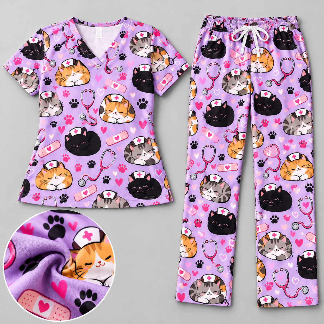 Pastel Lavender Cat Loaf Nurse Pattern Scrub Set, Scrub Pants and V Neck Top - Matching Scrub Set (V-Neck Top & Straight Leg Pants)