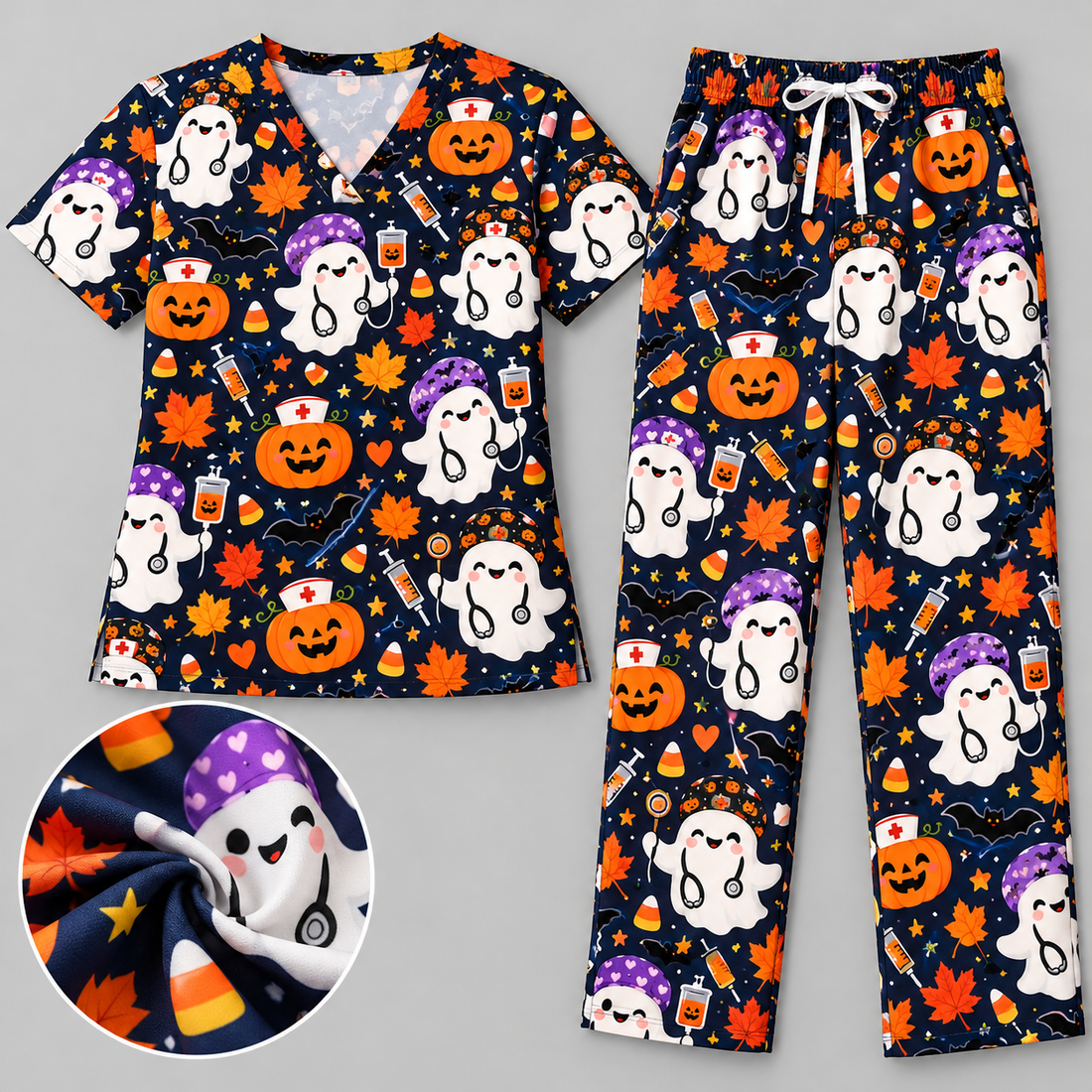 Spooky Ghost Halloween Nurse Pattern Scrub Set, Scrub Pants and V Neck Top - Matching Scrub Set (V-Neck Top & Straight Leg Pants)