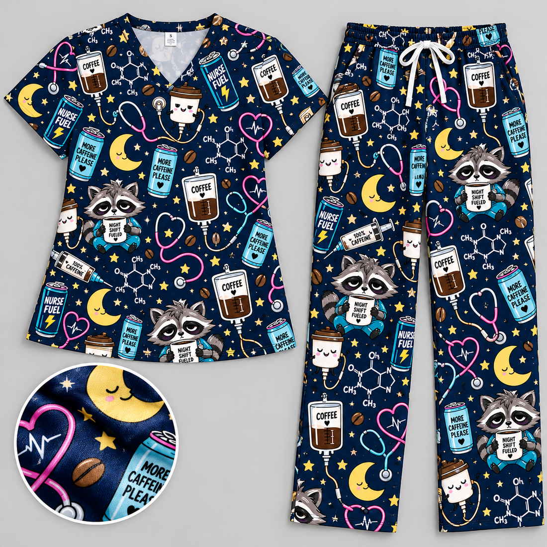 Night Shift Caffeine IV Survival Nurse Pattern Scrub Set, Scrub Pants and V Neck Top - Matching Scrub Set (V-Neck Top & Straight Leg Pants)