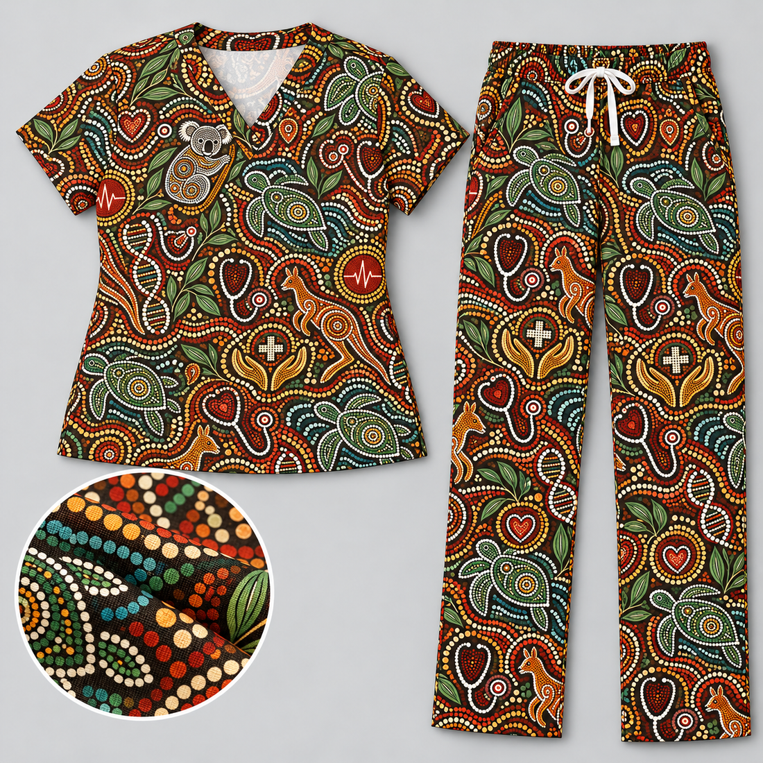 Aboriginal Indigenous Dot Art Healthcare Healing Scrub Set, Scrub Pants and V Neck Top - Matching Scrub Set (V-Neck Top & Straight Leg Pants)