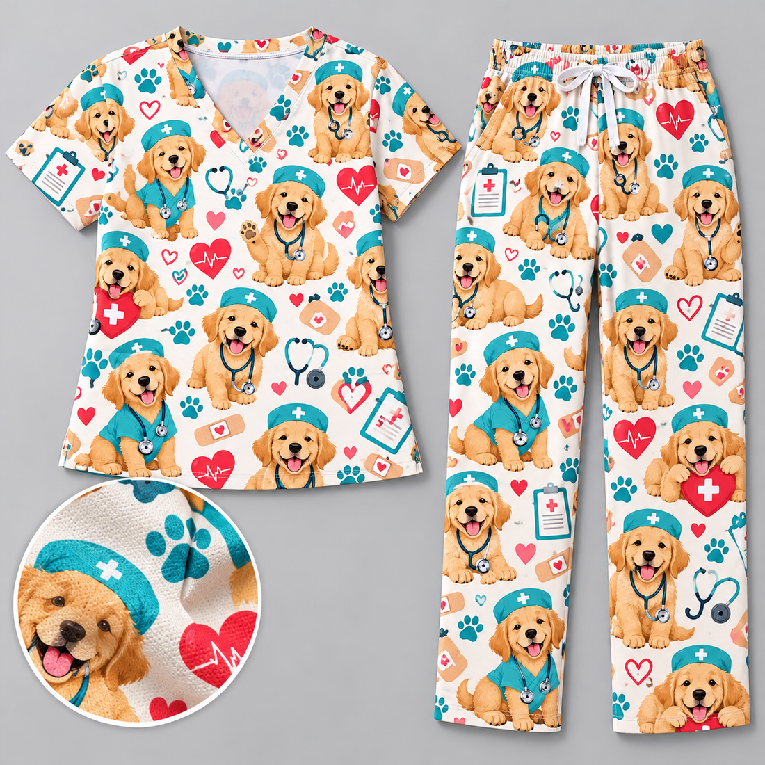 Cute Golden Retriever Nurse Pattern Scrub Set, Scrub Pants and V Neck Top - Matching Scrub Set (V-Neck Top & Straight Leg Pants)