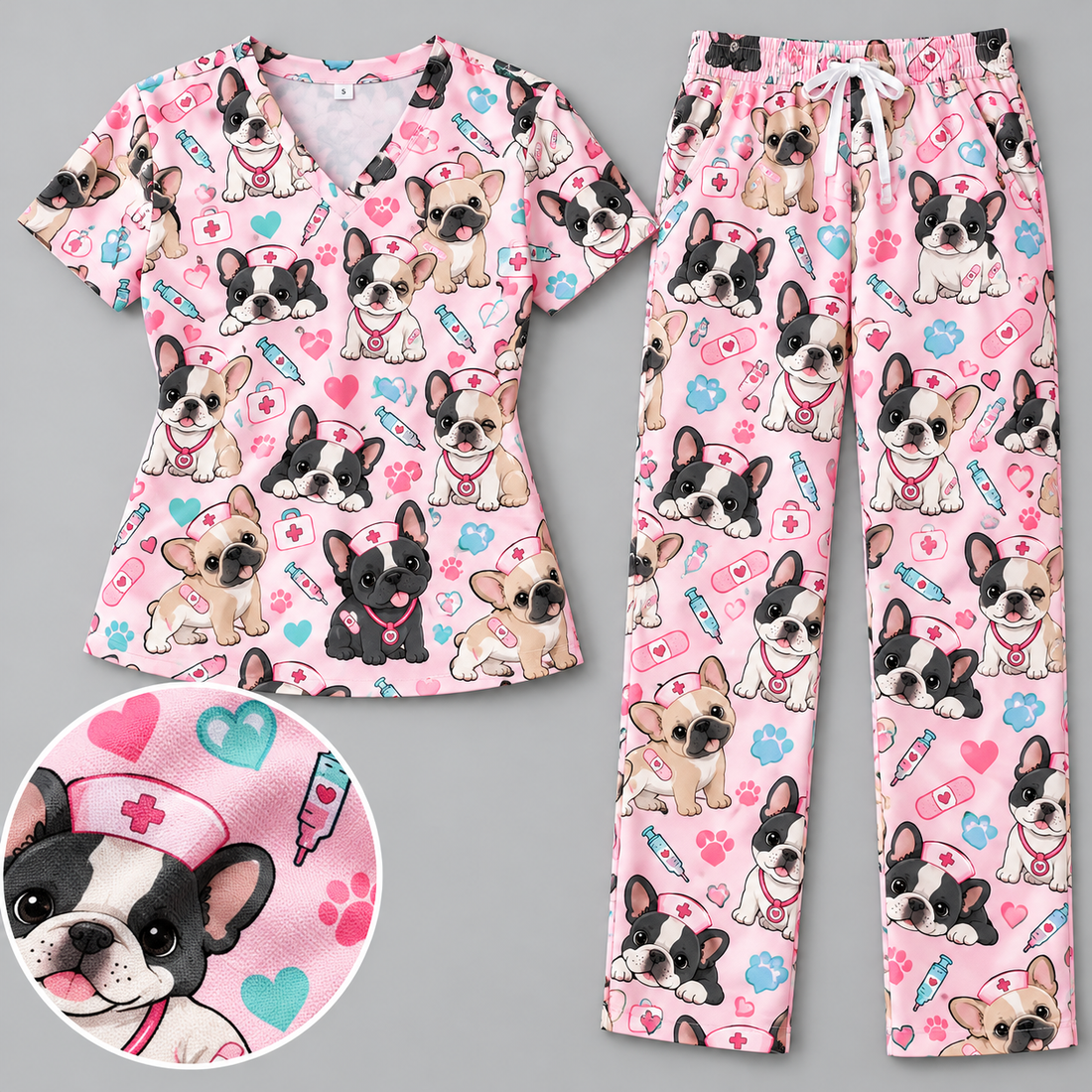Cute French Bulldog Nurse Pattern Scrub Set, Scrub Pants and V Neck Top - Matching Scrub Set (V-Neck Top & Straight Leg Pants)